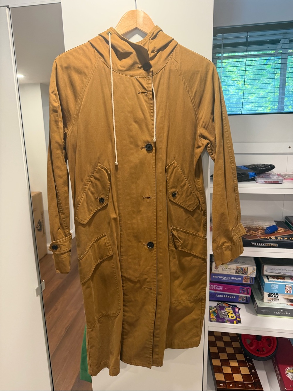 Billy Reid Long Hooded Trench Coat in Camel Brown